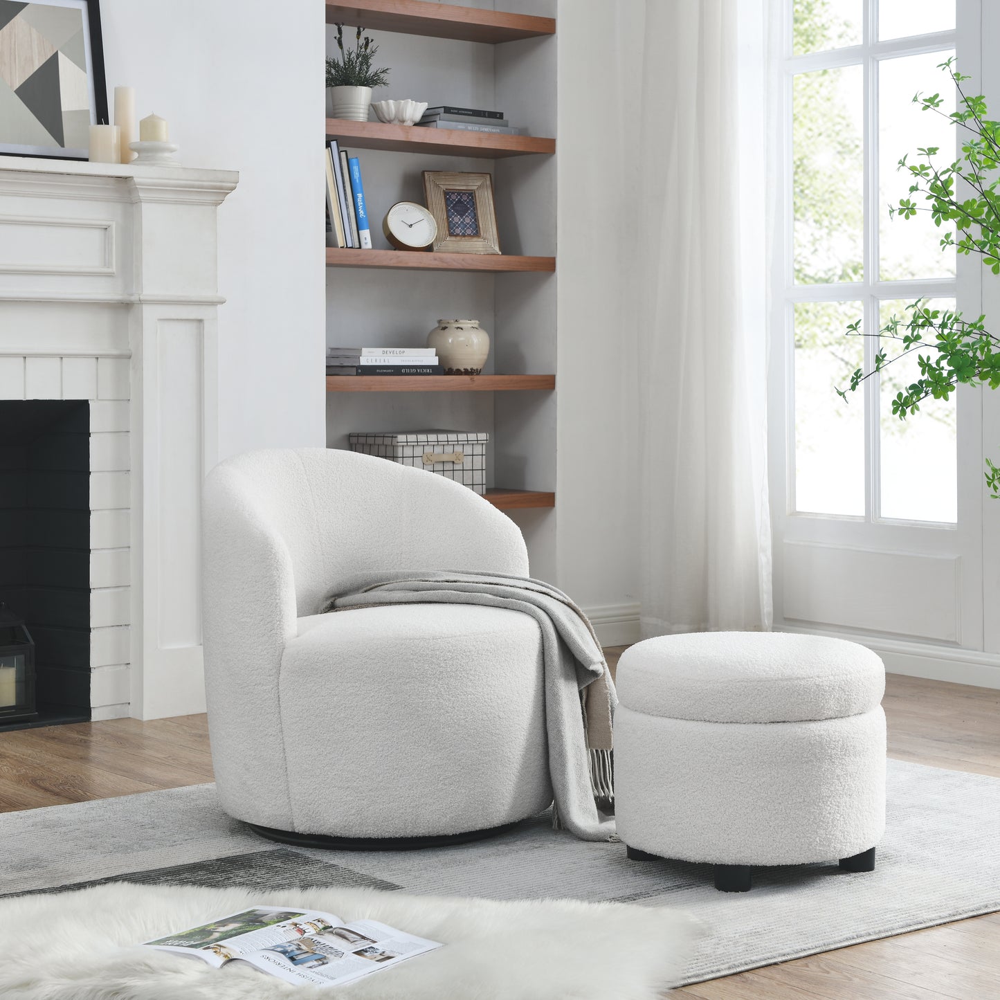 （缺货）[Video] Welike Swivel barrel chair, living room swivel chair with round storage chair, 360 ° swivel club chair, nursery, bedroom, office, hotel with upholstered modern armchair, teddy fabric