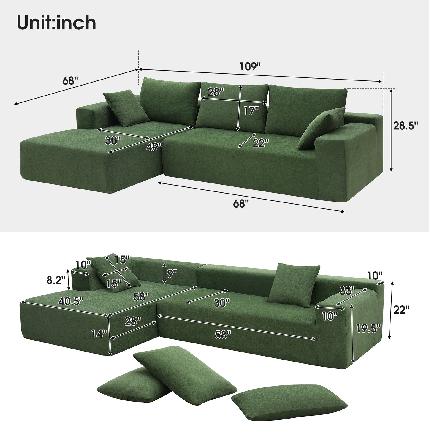 109*68" Modular Sectional Living Room Sofa Set, Modern Minimalist Style Couch, Upholstered Sleeper Sofa for Living Room, Bedroom, Salon, 2 PC Free Combination, L-Shape, Green