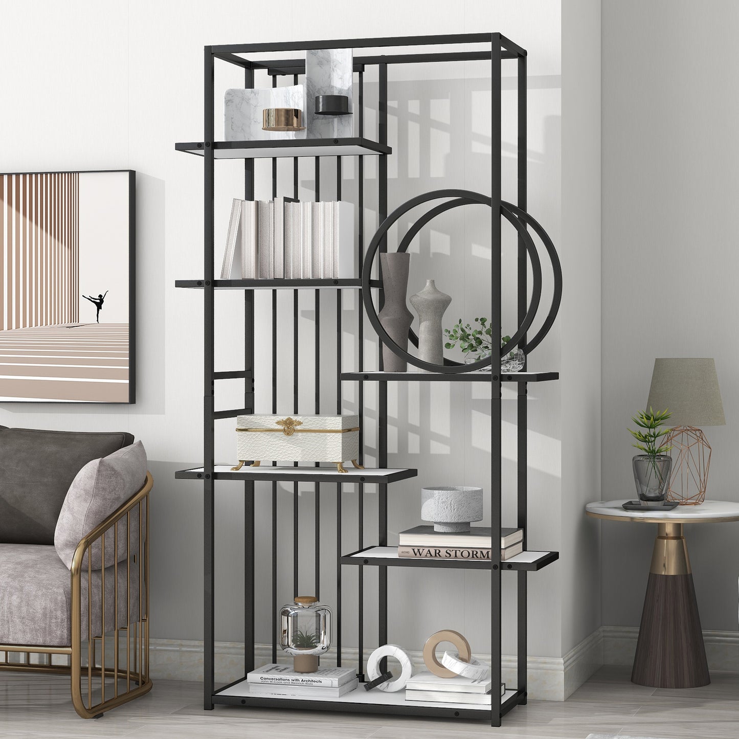 （缺货）6 Tiers Home Office Bookcase Open Bookshelf with Black Metal Frame Storage Large Bookshelf Furniture, White