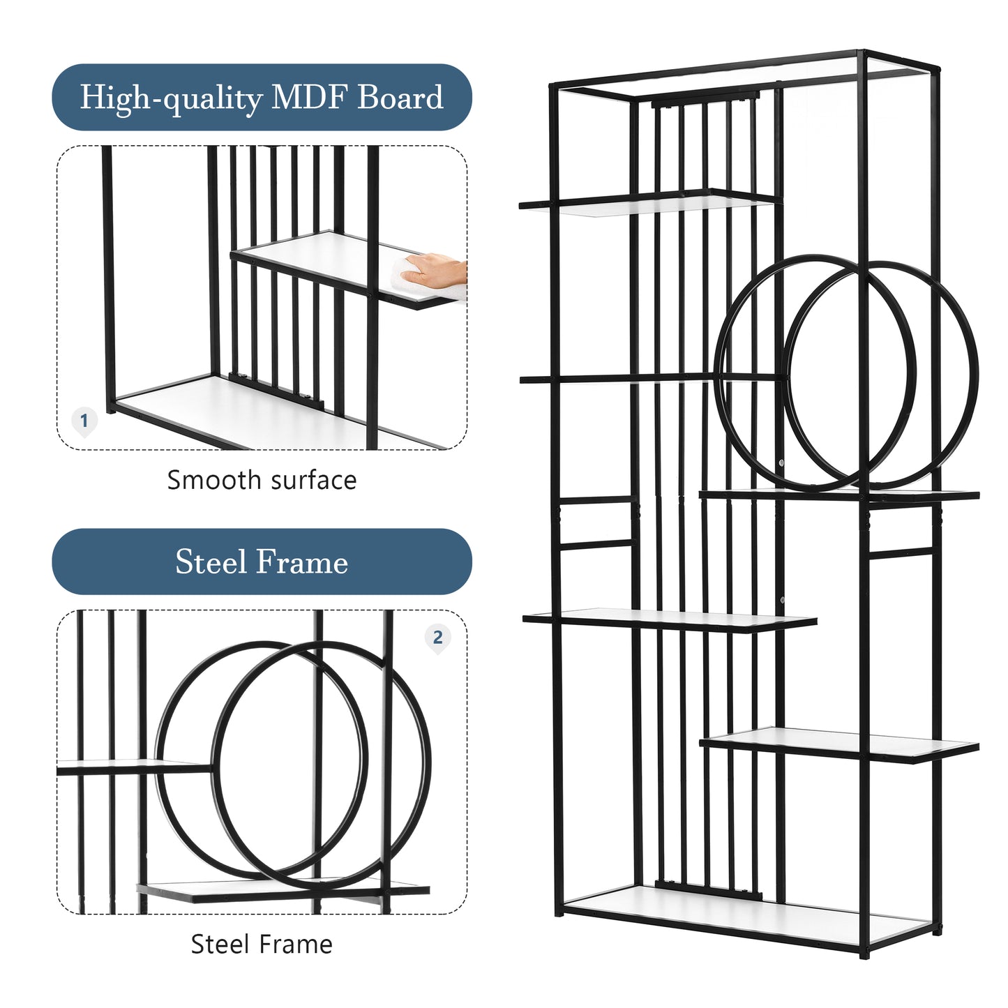 （缺货）6 Tiers Home Office Bookcase Open Bookshelf with Black Metal Frame Storage Large Bookshelf Furniture, White