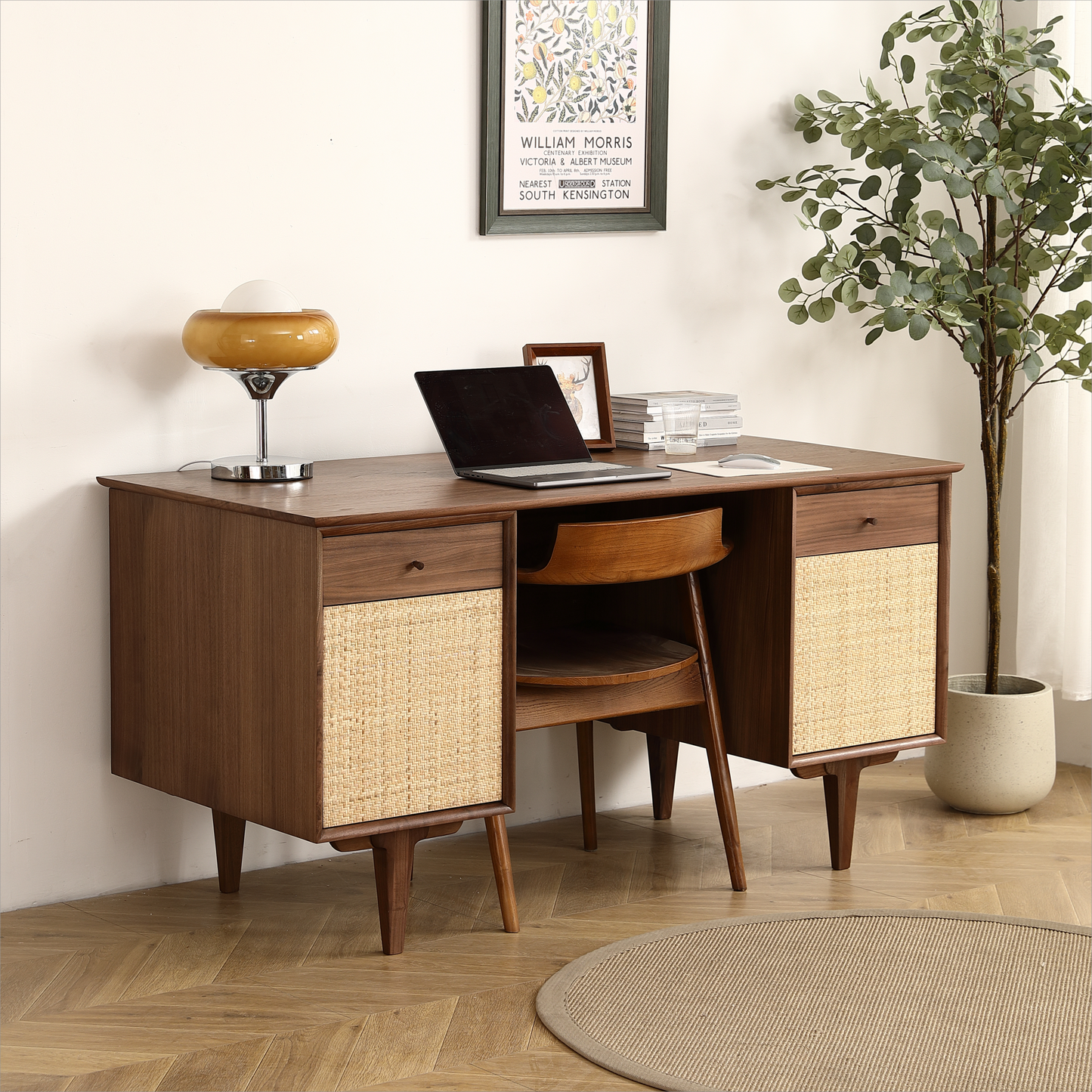 （最后3个库存）Black Walnut Desk with Natural Rattan Net - Large Home Office Workstation with Storage 57.09 inch