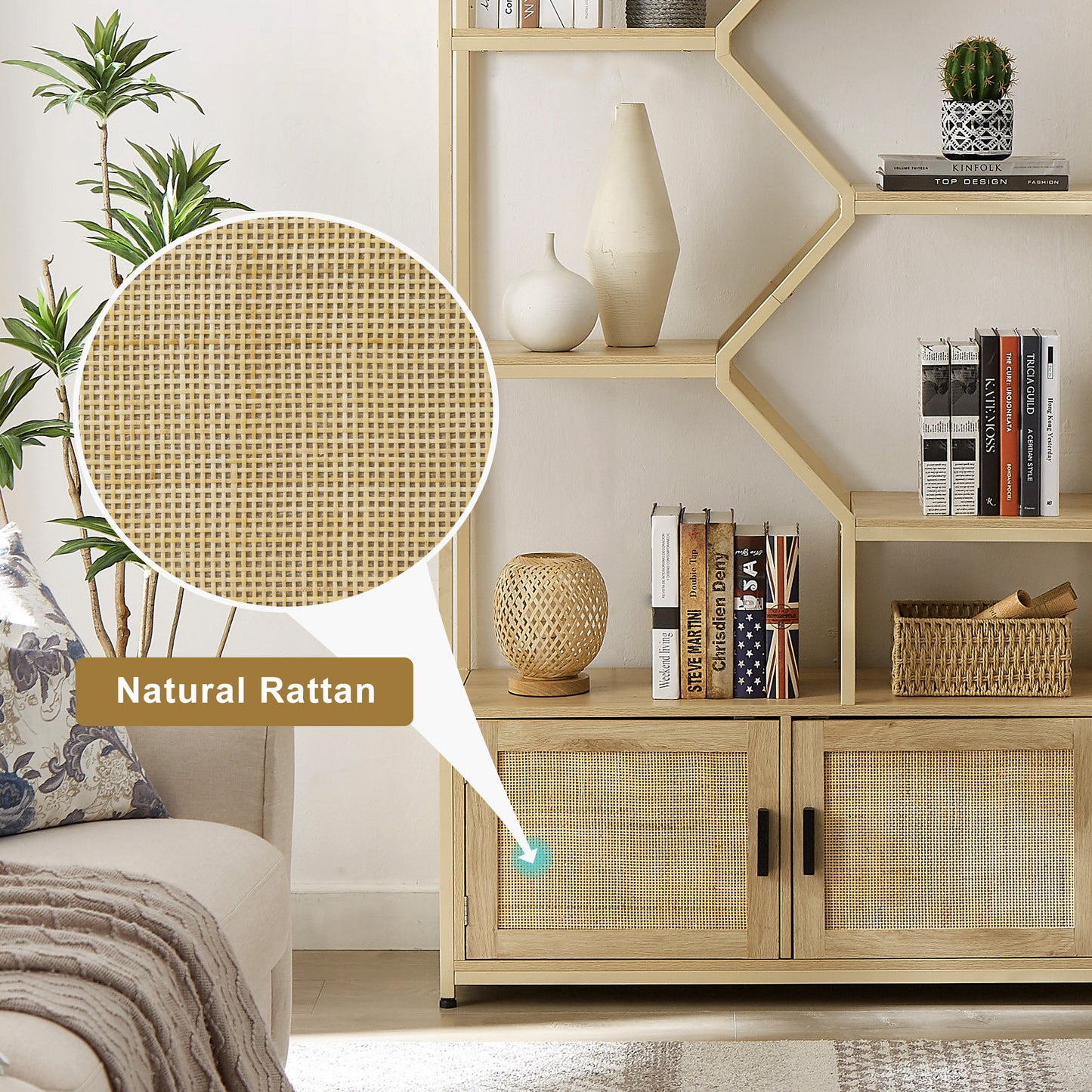 Rattan bookshelf 7 tiers Bookcases Storage Rack with cabinet for Living Room Home Office, Natural, 39.4'' W x 13.8'' D x 75.6'' H.