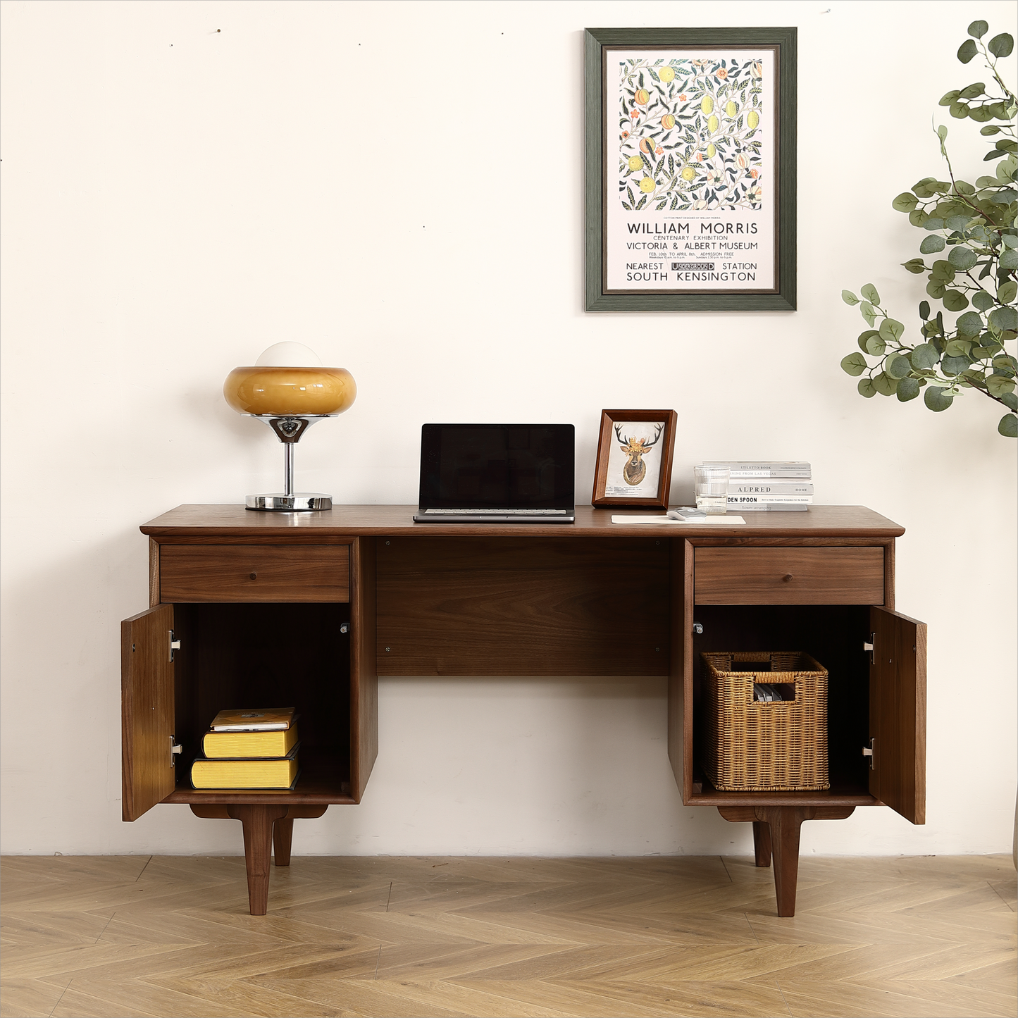 （最后3个库存）Black Walnut Desk with Natural Rattan Net - Large Home Office Workstation with Storage 57.09 inch