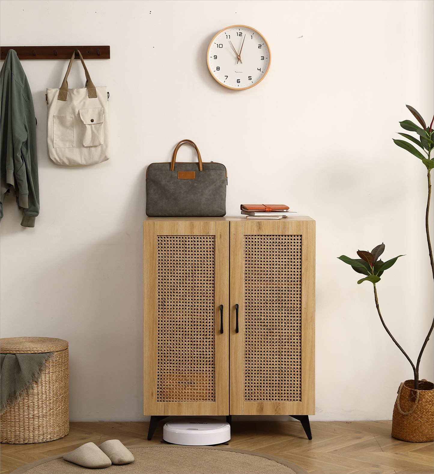 Natural Rattan Storage Cabinet Double-Door Shoe Cabinet with Large Storage Space and Durable Structure 29.5inch