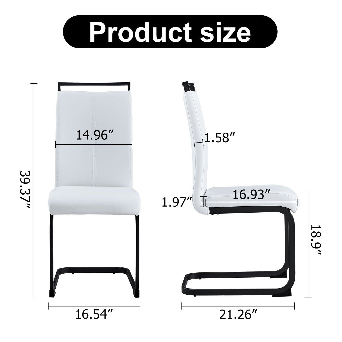 Table and chair set, 1 table with 4 white chairs. 0.4 "tempered glass desktop and black MDF, PU artificial leather high backrest cushion side chair, C-shaped tube black coated metal legs.