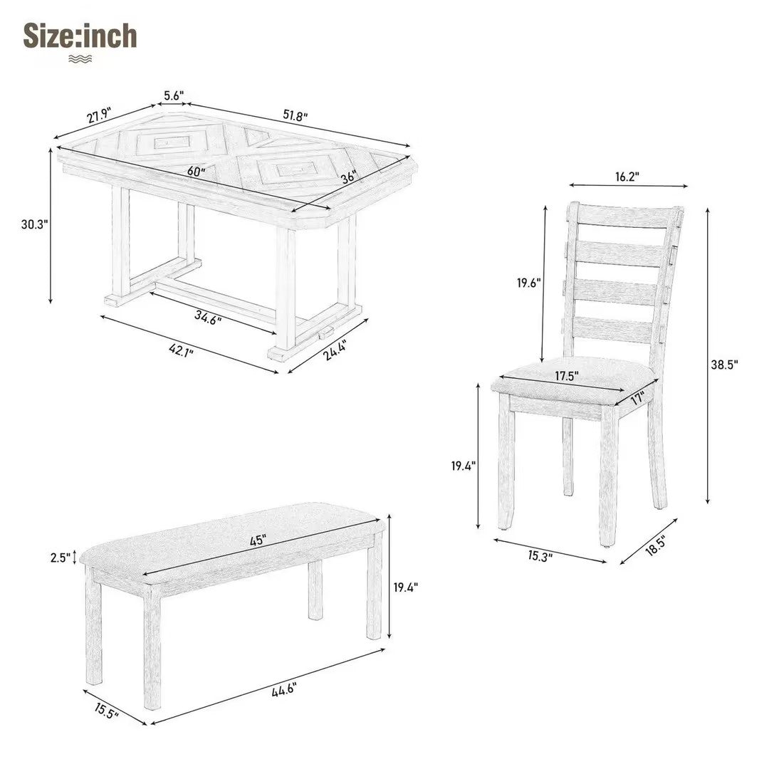 TREXM 6-Piece Rubber Wood Dining Table Set with Beautiful Wood Grain Pattern Tabletop Solid Wood Veneer and Soft Cushion (Natural Wood Wash)