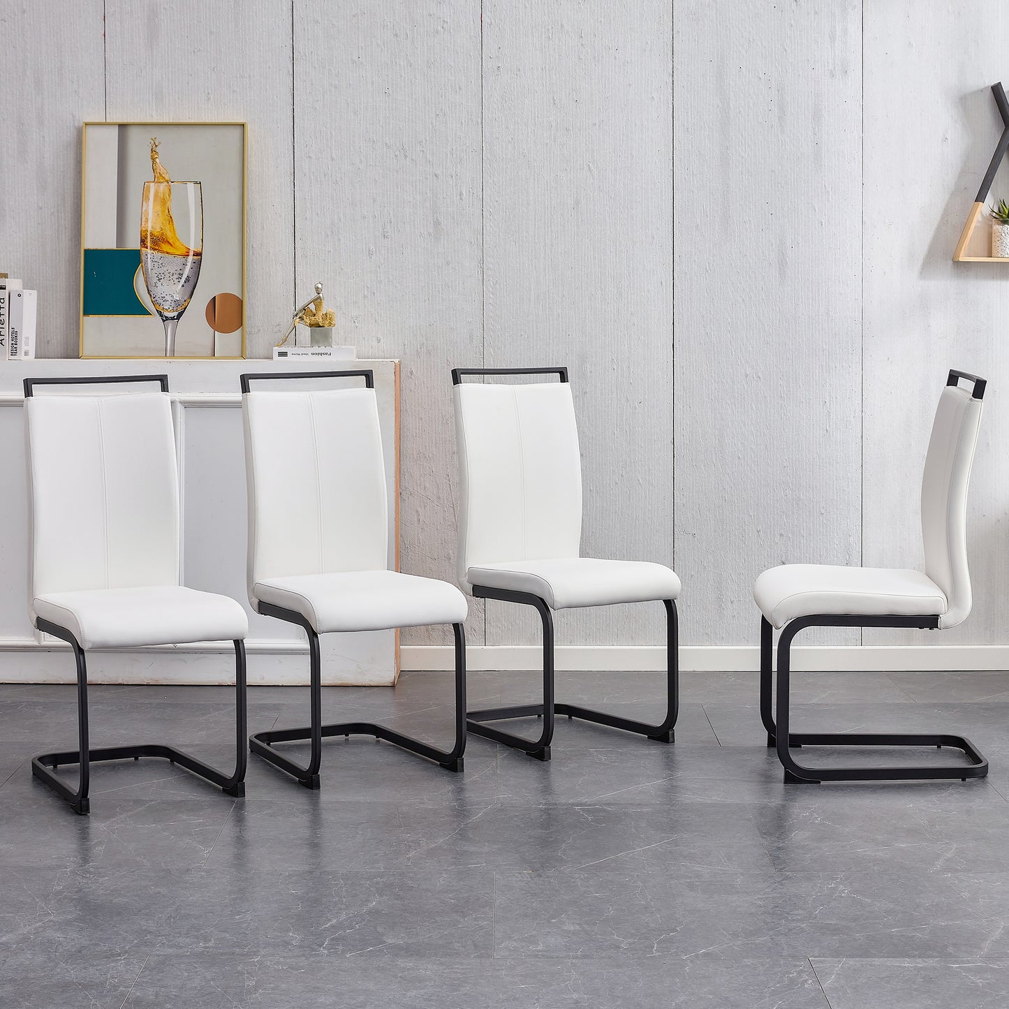 Table and chair set, 1 table with 4 white chairs. 0.4 "tempered glass desktop and black MDF, PU artificial leather high backrest cushion side chair, C-shaped tube black coated metal legs.