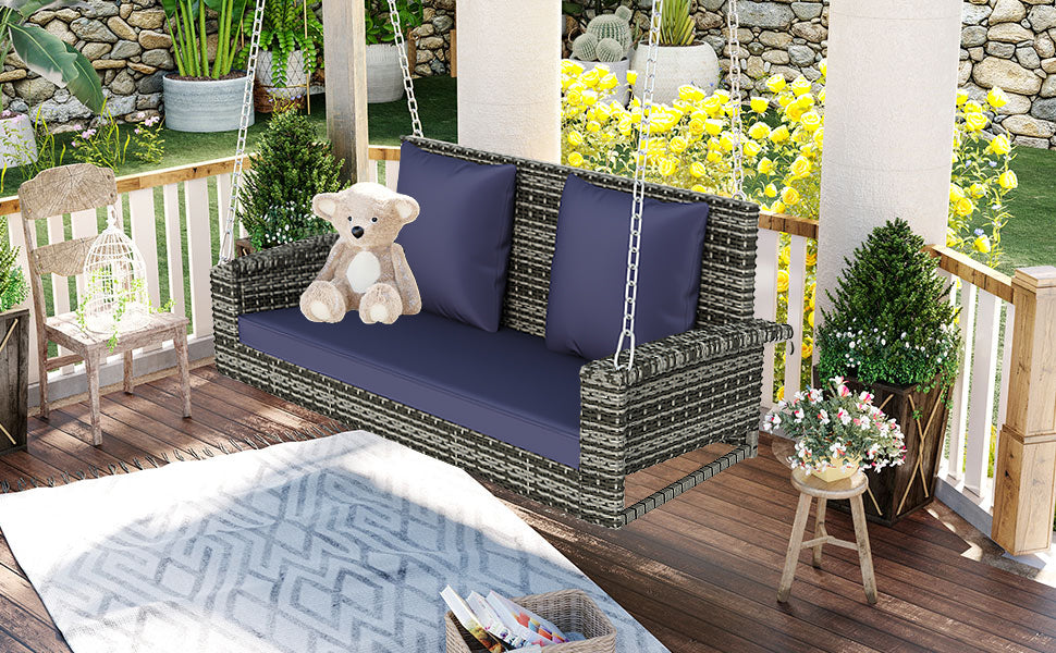 GO 2-Person Wicker Hanging Porch Swing with Chains, Cushion, Pillow, Rattan Swing Bench for Garden, Backyard, Pond. (Gray Wicker, Blue Cushion)