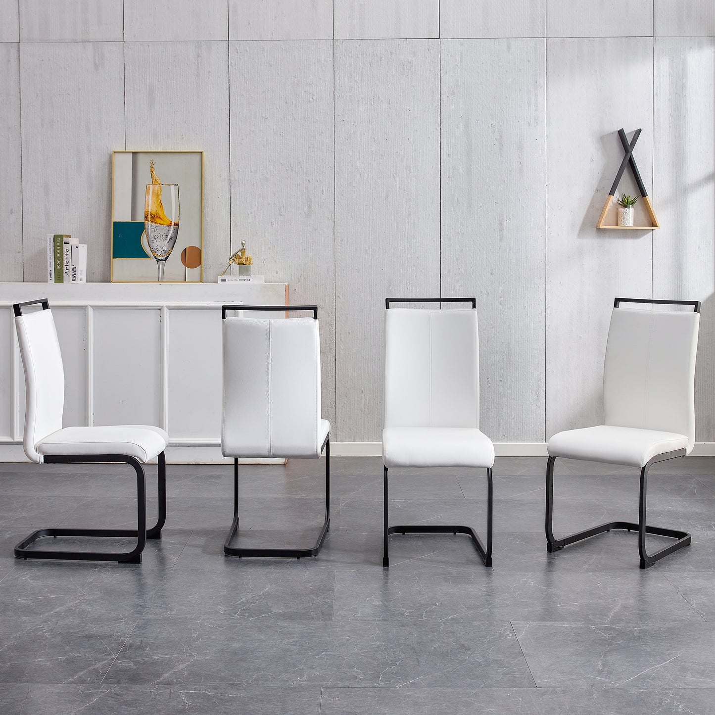 Table and chair set, 1 table with 4 white chairs. 0.4 "tempered glass desktop and black MDF, PU artificial leather high backrest cushion side chair, C-shaped tube black coated metal legs.