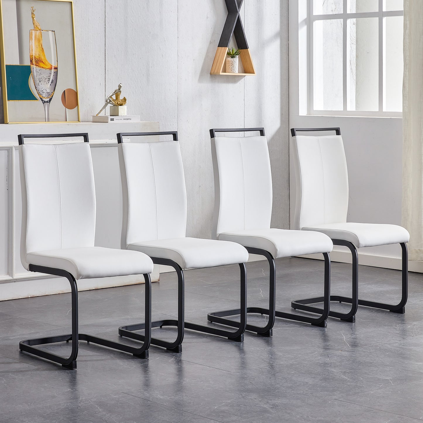 Table and chair set, 1 table with 4 white chairs. 0.4 "tempered glass desktop and black MDF, PU artificial leather high backrest cushion side chair, C-shaped tube black coated metal legs.