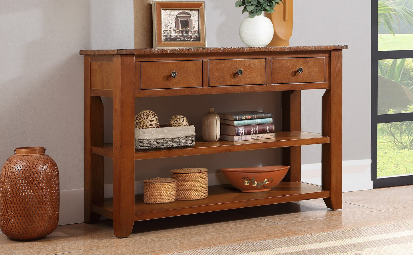 48'' Solid Pine Wood Top Console Table, Modern Entryway Sofa Side Table with 3 Storage Drawers and 2 Shelves. Easy to Assemble (Brown)