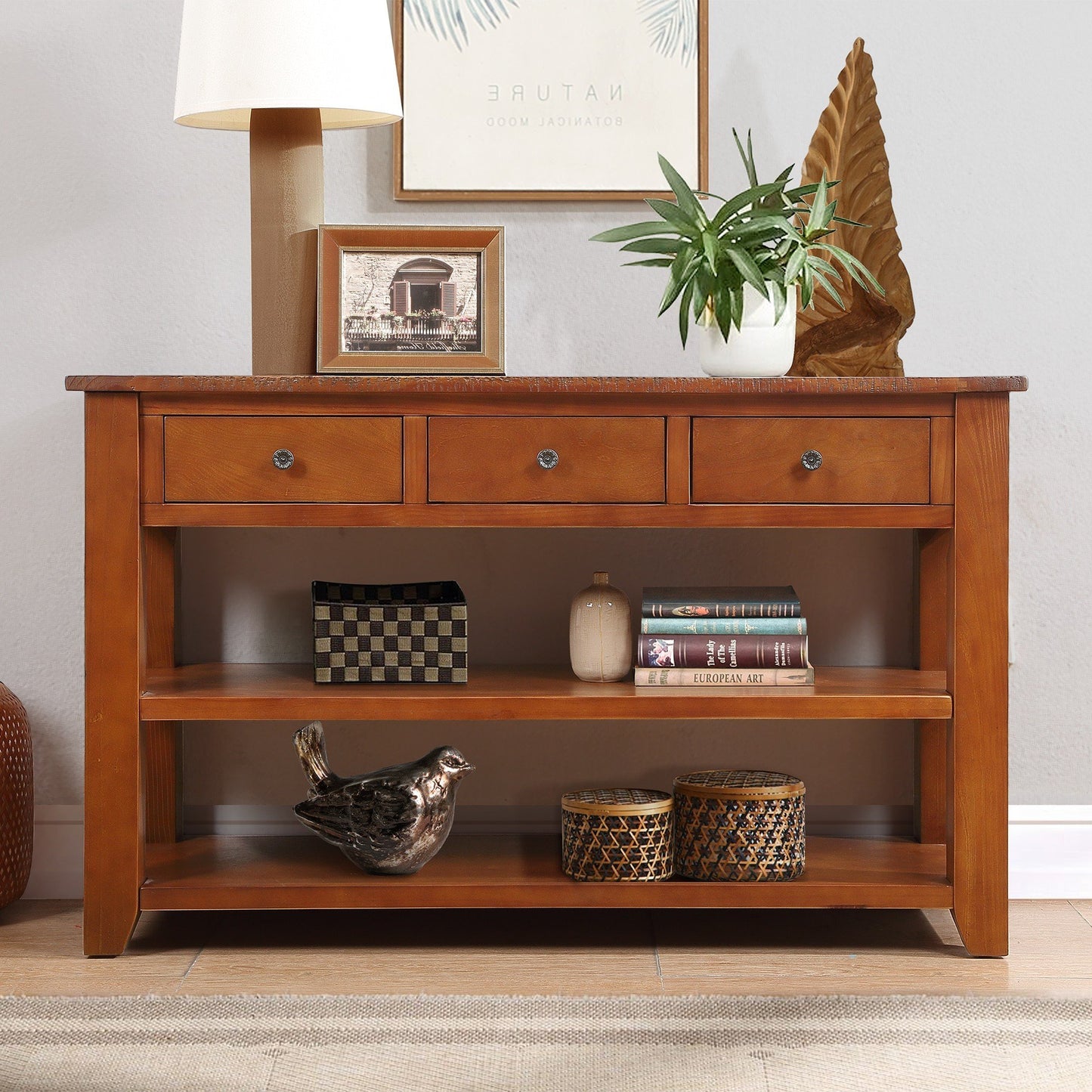 48'' Solid Pine Wood Top Console Table, Modern Entryway Sofa Side Table with 3 Storage Drawers and 2 Shelves. Easy to Assemble (Brown)