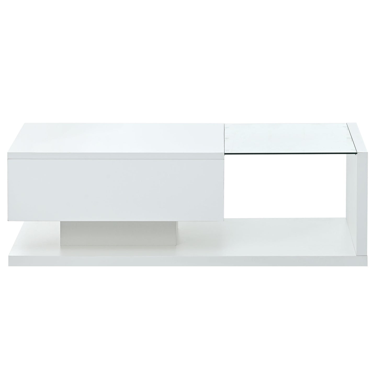 ON-TREND Modern Coffee Table with Tempered Glass, Wooden Cocktail Table with High-gloss UV Surface, Modernist 2-Tier Rectangle Center Table for Living Room, White