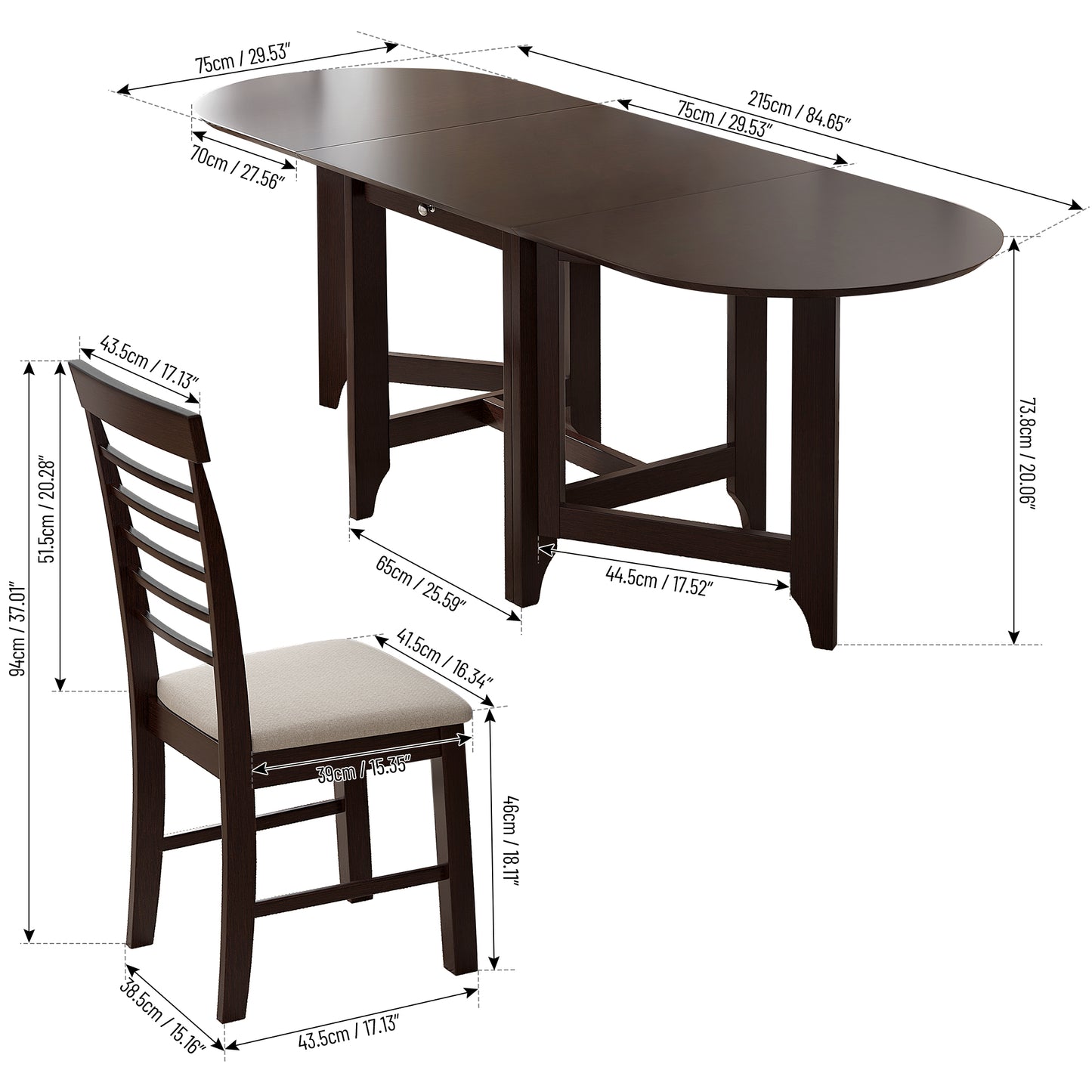 （缺货）Retro Drop-Leaf Table with Spacious Tabletop Small Drawer Rubber wood 4 PCS Upholstered Dining Chair with Backrest for Small Space Kitchen Cream and Dark Cappuccino