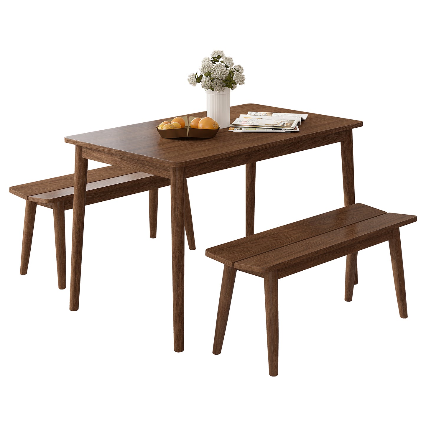 （缺货）3 PCS Wooden Dining Table Set Kitchen Furniture for 4 Modern Table Set with 2 Benches Spacious Tabletop for Kitchen Dining Room Walnut Color