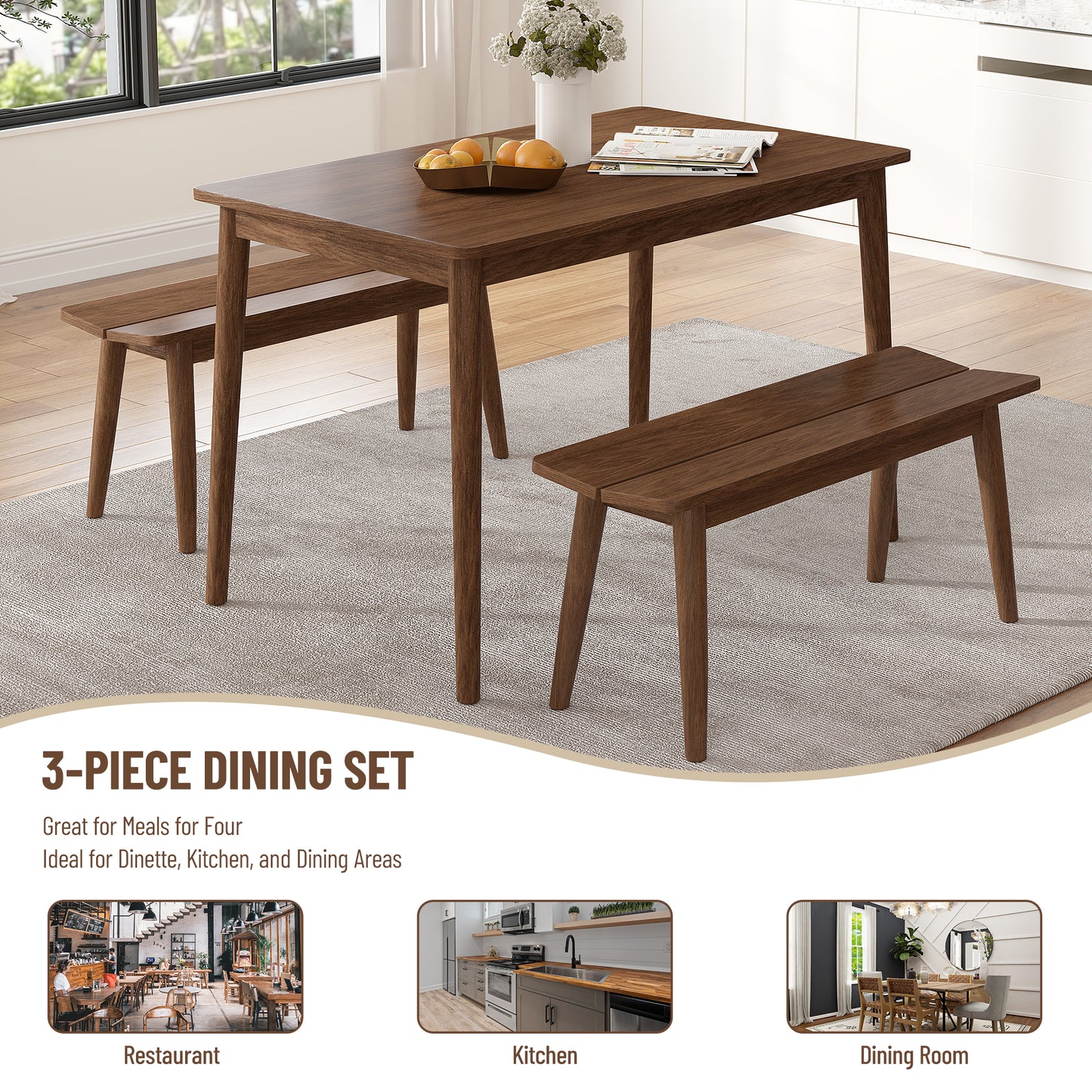 （缺货）3 PCS Wooden Dining Table Set Kitchen Furniture for 4 Modern Table Set with 2 Benches Spacious Tabletop for Kitchen Dining Room Walnut Color