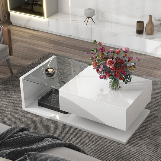 ON-TREND Modern Coffee Table with Tempered Glass, Wooden Cocktail Table with High-gloss UV Surface, Modernist 2-Tier Rectangle Center Table for Living Room, White