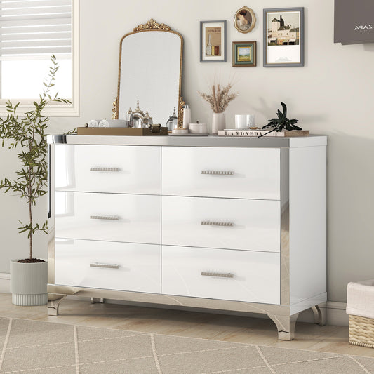 （缺货）Elegant High Gloss Dresser with Metal Handle,Mirrored Storage Cabinet with 6 Drawers for Bedroom,Living Room,White