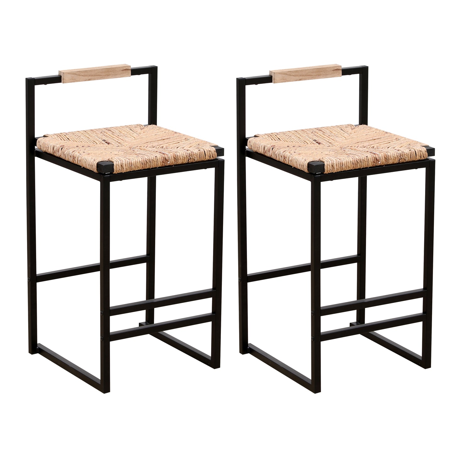 Set of 2 Water Hyacinth Woven Bar Stools with Back Support Counter Height Dining Chairs for Kitchen, Home, Office (Water Hyacinth with Back)