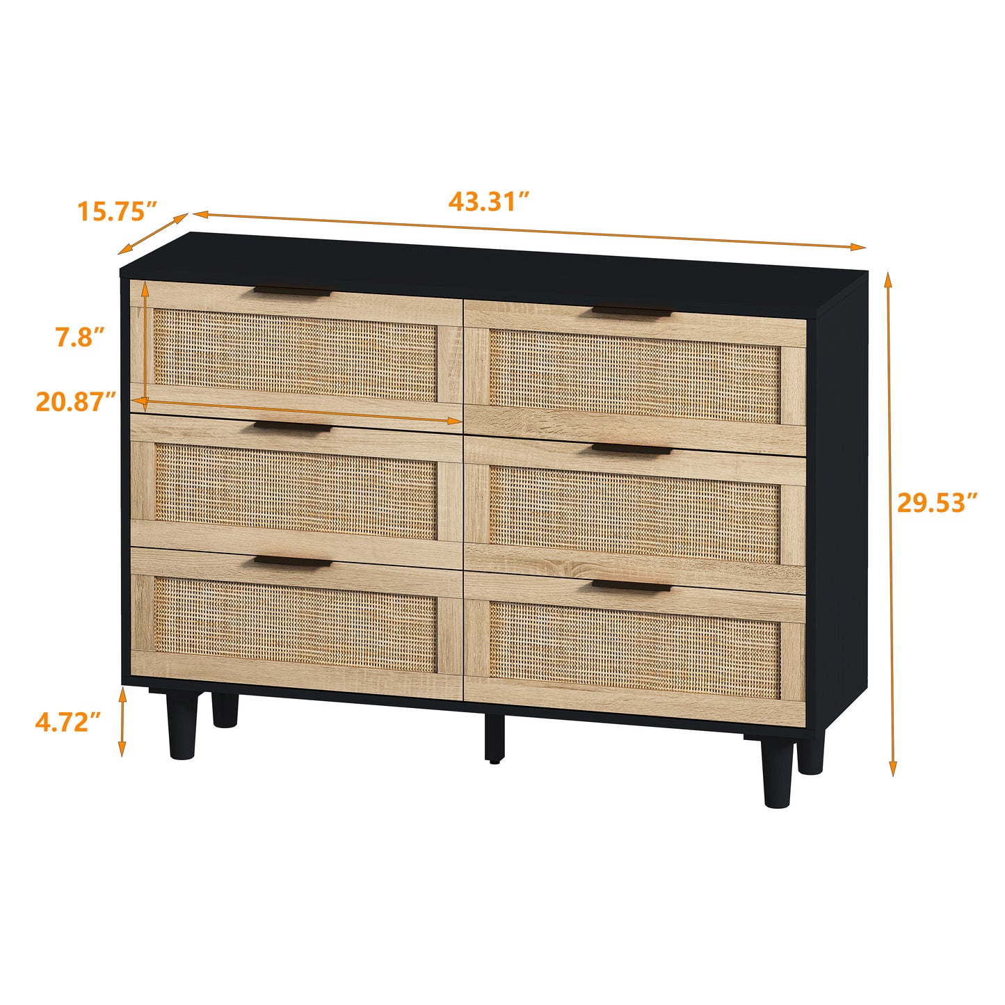 43.31"6-Drawers Rattan Storage Cabinet Rattan Drawer,for Bedroom,Living Room,Black