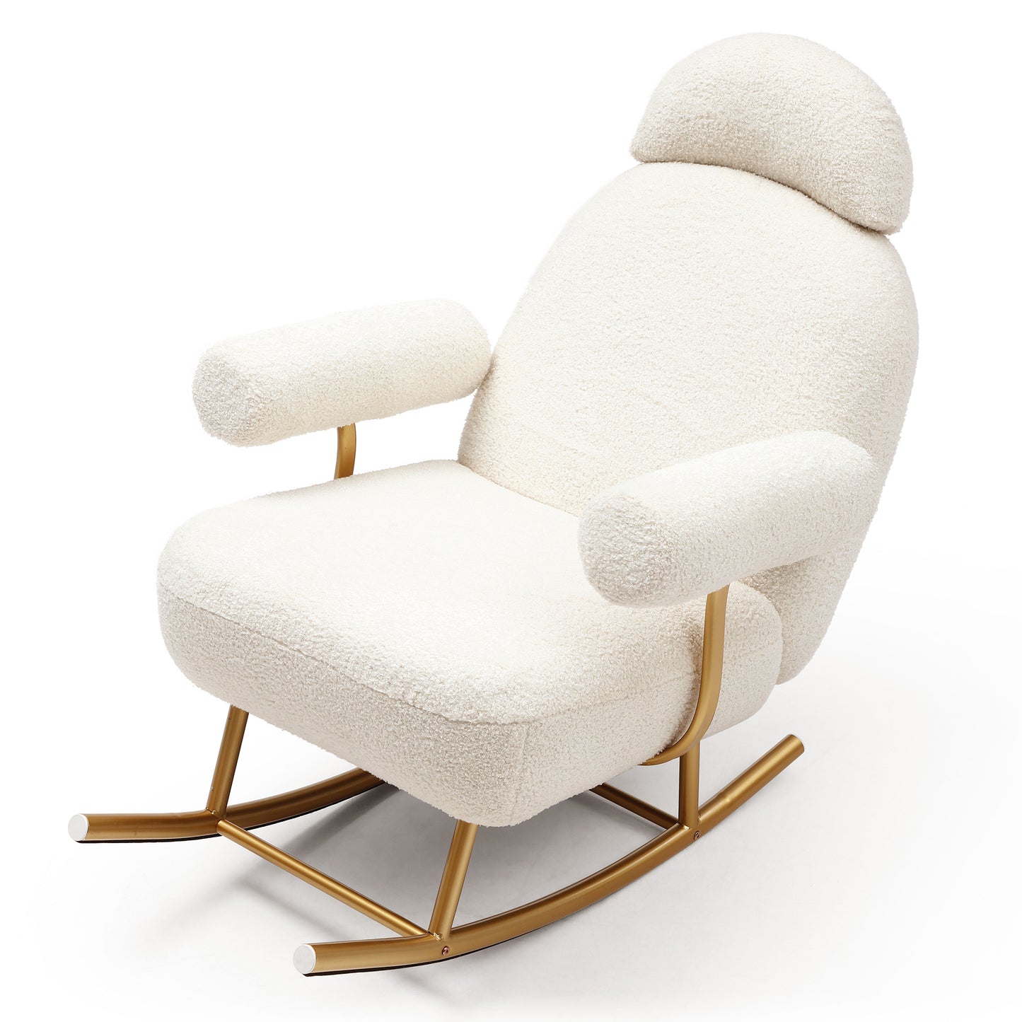 （缺货）Modern Sherpa Fabric Nursery Rocking Chair, Accent Upholstered Rocker Glider Chair for Baby and Kids,Comfy Armchair with Gold Metal Frame, Leisure Sofa Chair for Nursery/Bedroom/Living Room/Office, Beige