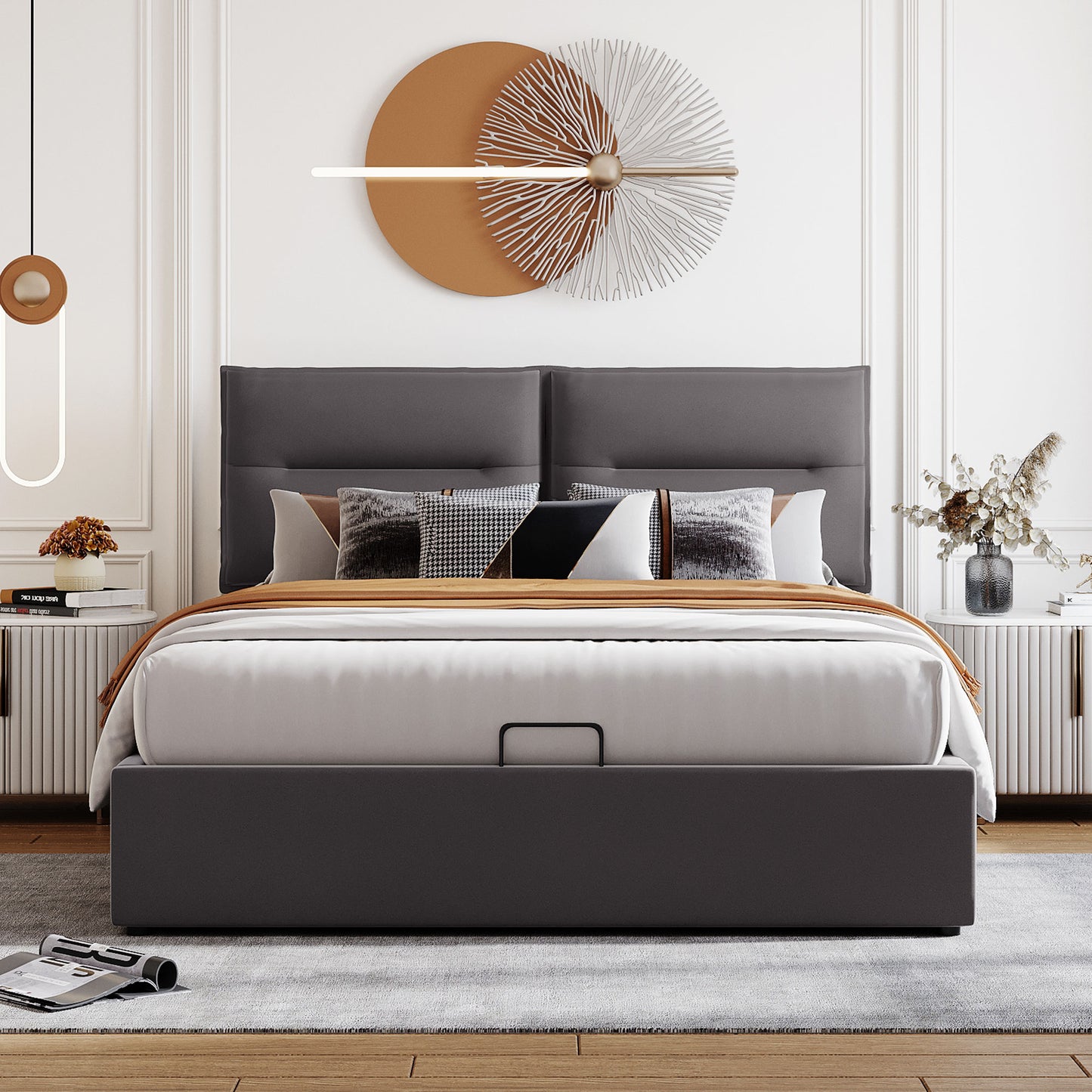 （缺货）Upholstered Platform bed with a Hydraulic Storage System, Queen size, Gray