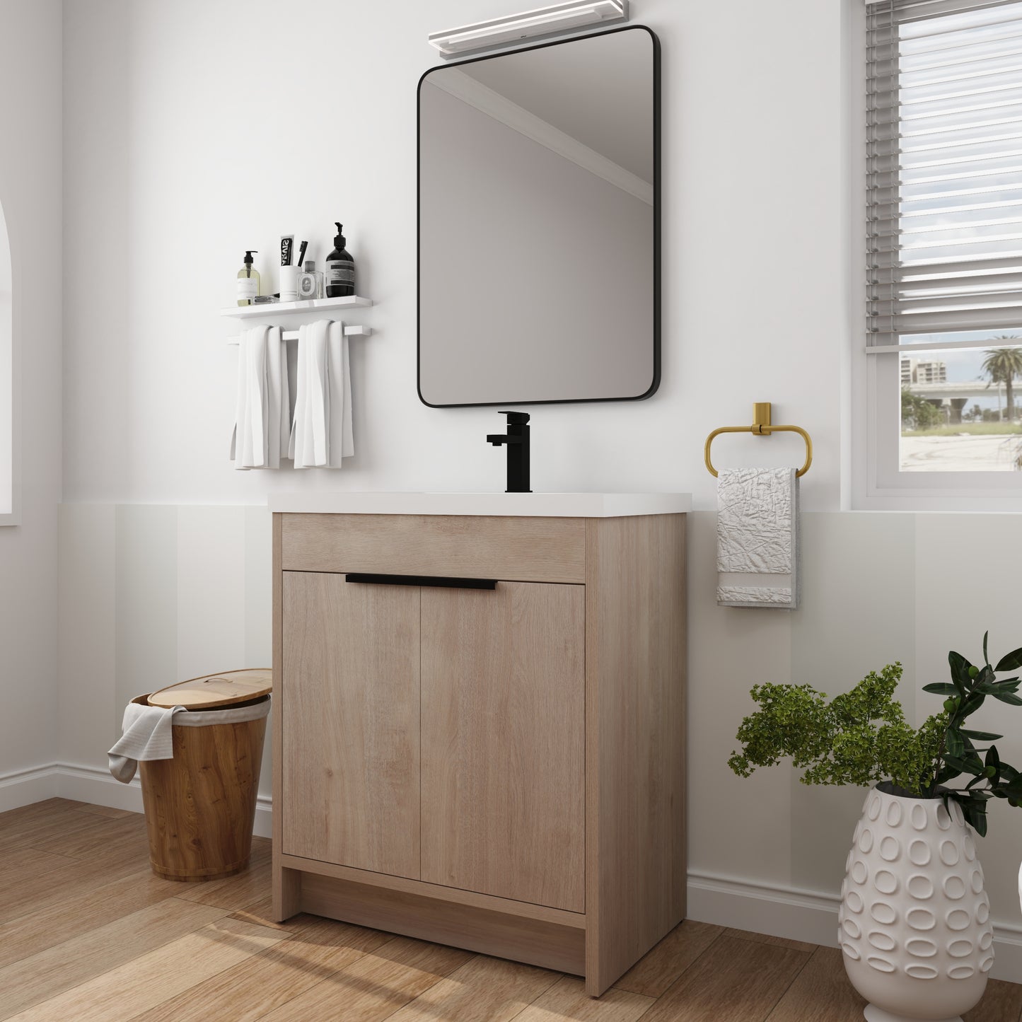 30 Inch Freestanding Bathroom Vanity with White Resin Sink & 2 Soft-Close Cabinet Doors (BVB02430PLO-GRB3040)