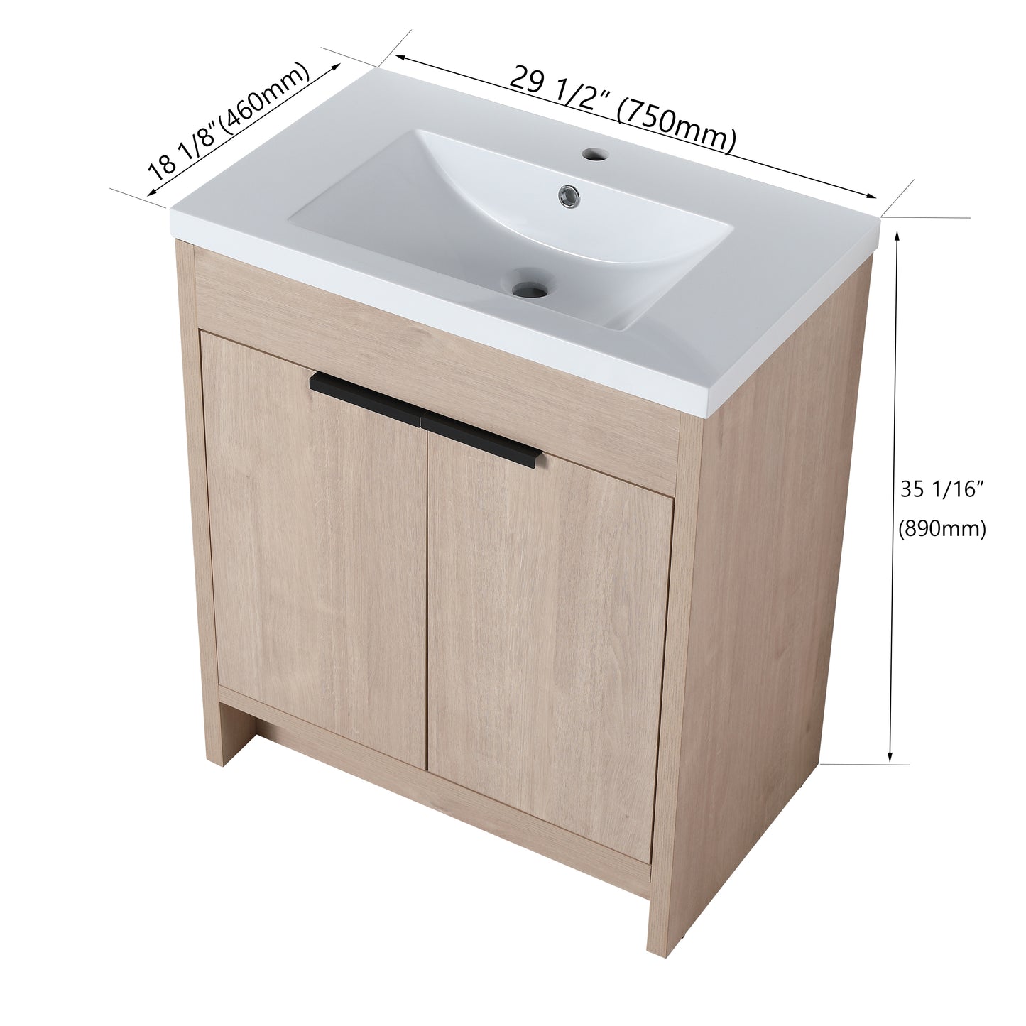 30 Inch Freestanding Bathroom Vanity with White Resin Sink & 2 Soft-Close Cabinet Doors (BVB02430PLO-GRB3040)