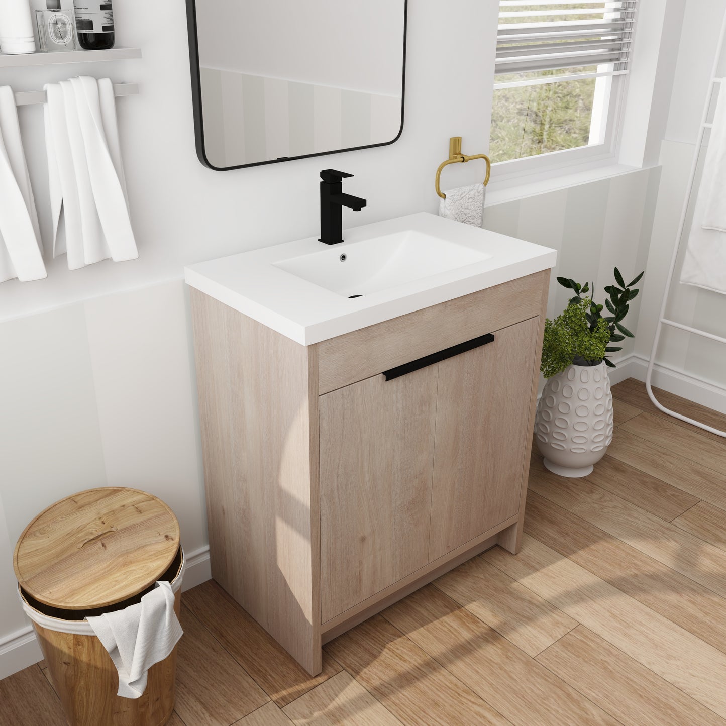 30 Inch Freestanding Bathroom Vanity with White Resin Sink & 2 Soft-Close Cabinet Doors (BVB02430PLO-GRB3040)