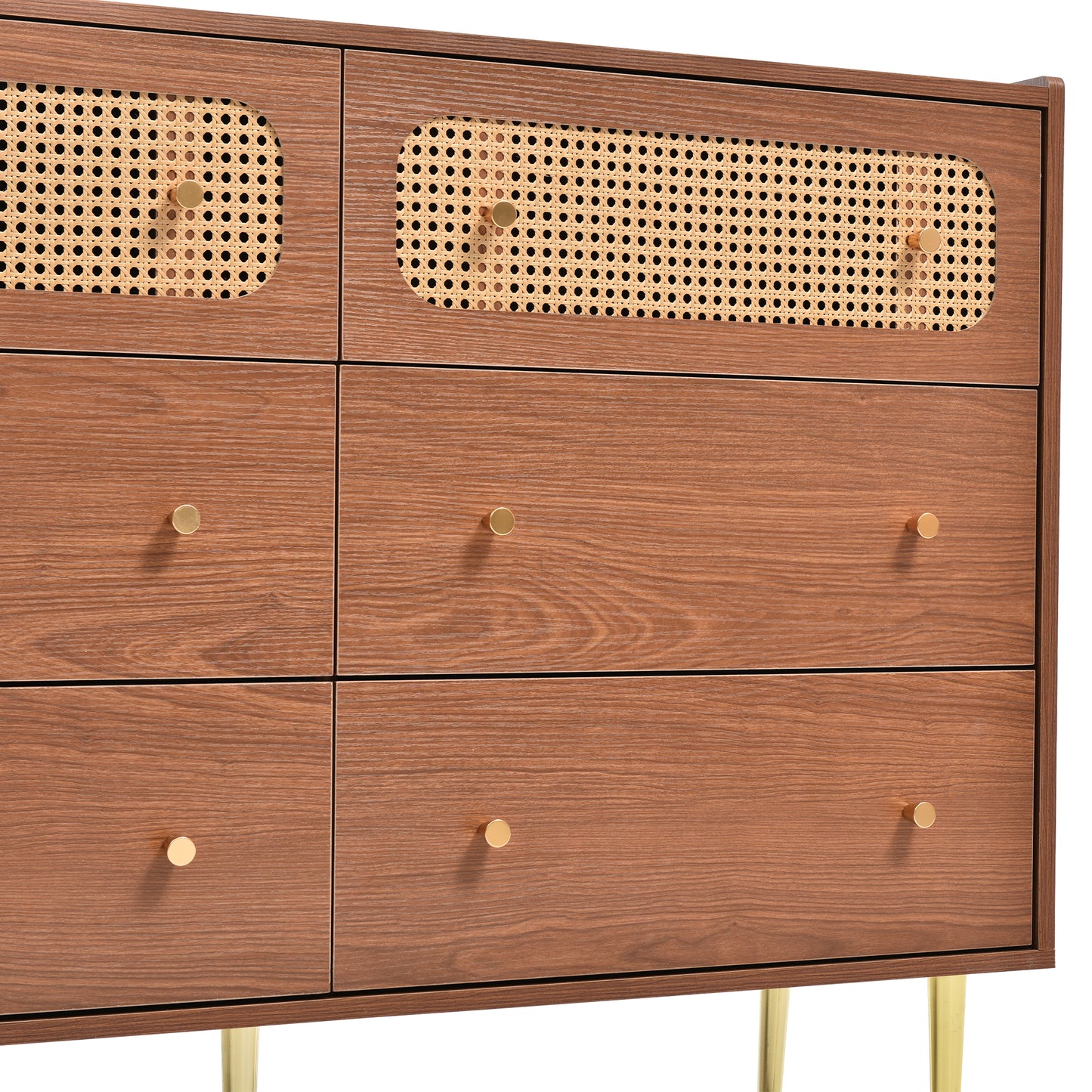 Dresser for Bedroom, Chest of Drawers, 6 Drawer Dresser, Floor Storage Drawer Cabinet for Home Office, Drawer chest of drawers rattan chest of drawers highboard with 6 drawers, walnut -H90/W120/D40 cm