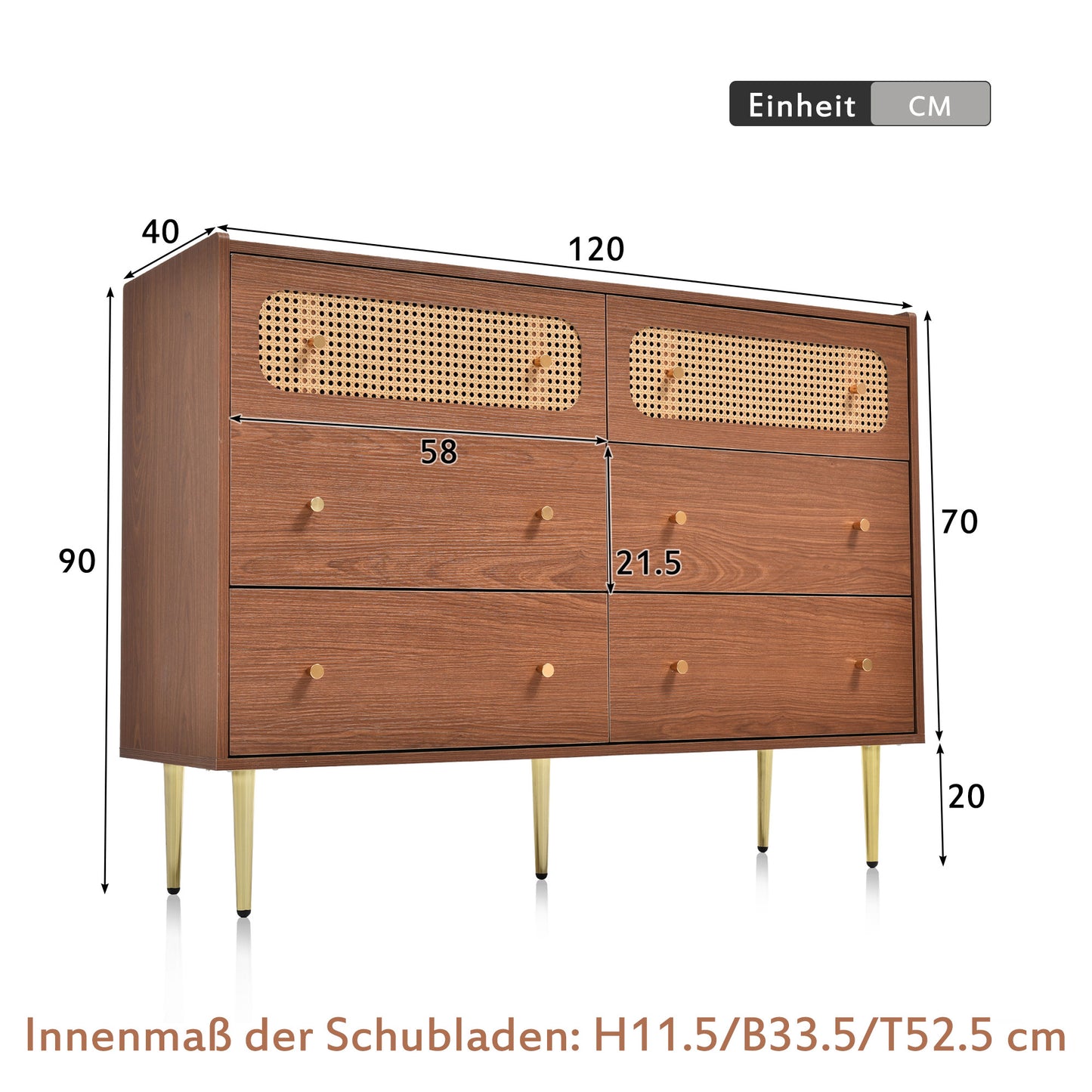 Dresser for Bedroom, Chest of Drawers, 6 Drawer Dresser, Floor Storage Drawer Cabinet for Home Office, Drawer chest of drawers rattan chest of drawers highboard with 6 drawers, walnut -H90/W120/D40 cm