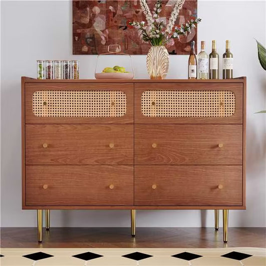 Dresser for Bedroom, Chest of Drawers, 6 Drawer Dresser, Floor Storage Drawer Cabinet for Home Office, Drawer chest of drawers rattan chest of drawers highboard with 6 drawers, walnut -H90/W120/D40 cm