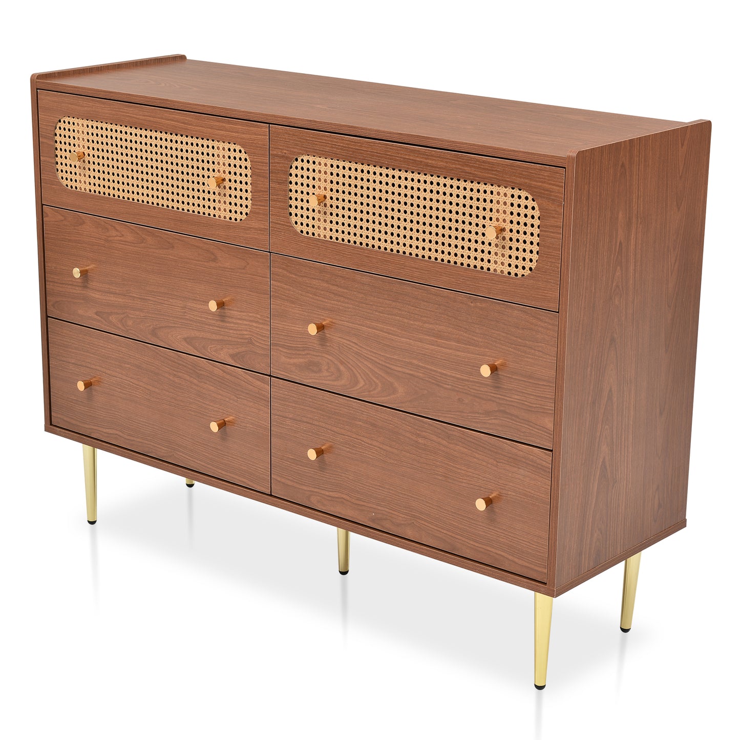 Dresser for Bedroom, Chest of Drawers, 6 Drawer Dresser, Floor Storage Drawer Cabinet for Home Office, Drawer chest of drawers rattan chest of drawers highboard with 6 drawers, walnut -H90/W120/D40 cm