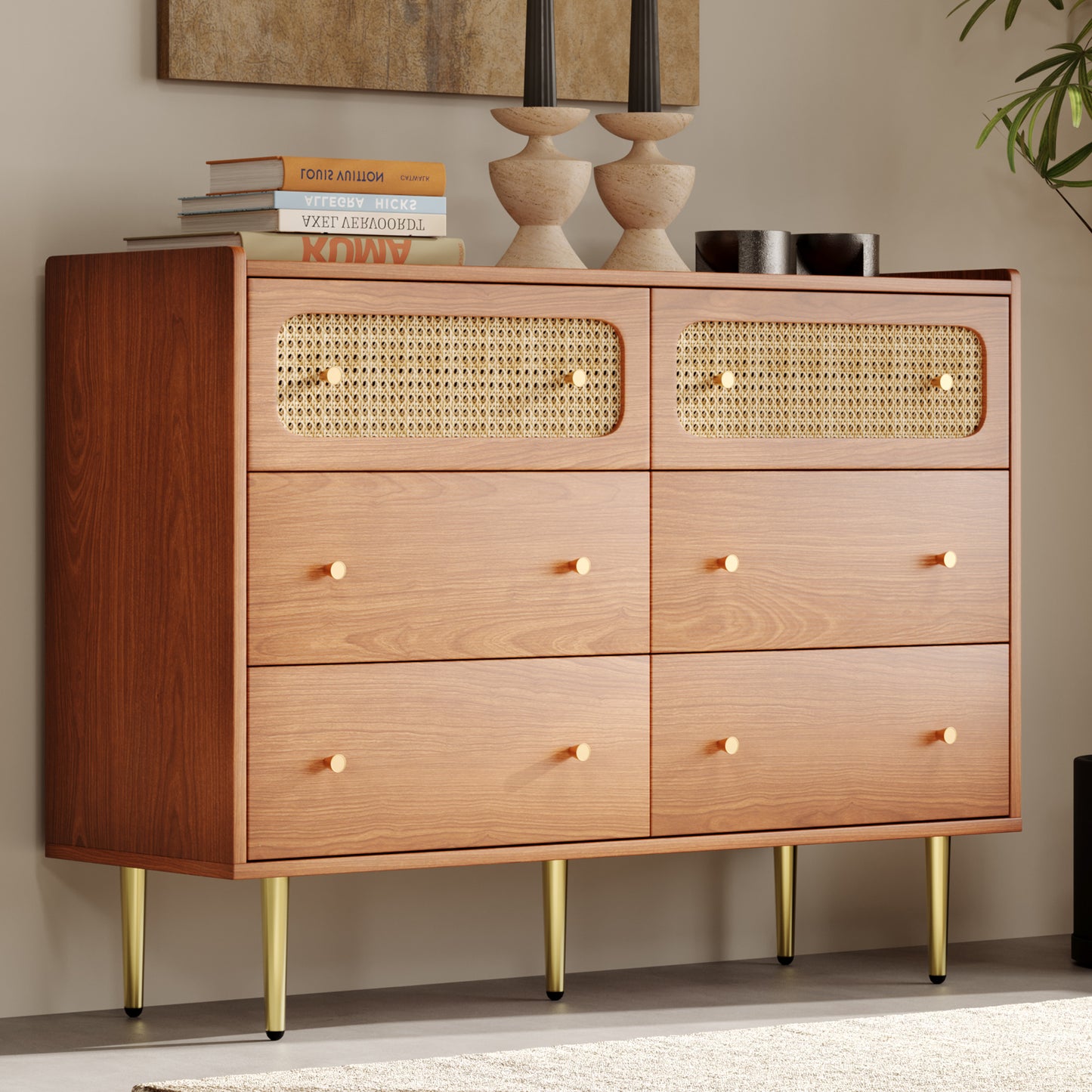 Dresser for Bedroom, Chest of Drawers, 6 Drawer Dresser, Floor Storage Drawer Cabinet for Home Office, Drawer chest of drawers rattan chest of drawers highboard with 6 drawers, walnut -H90/W120/D40 cm