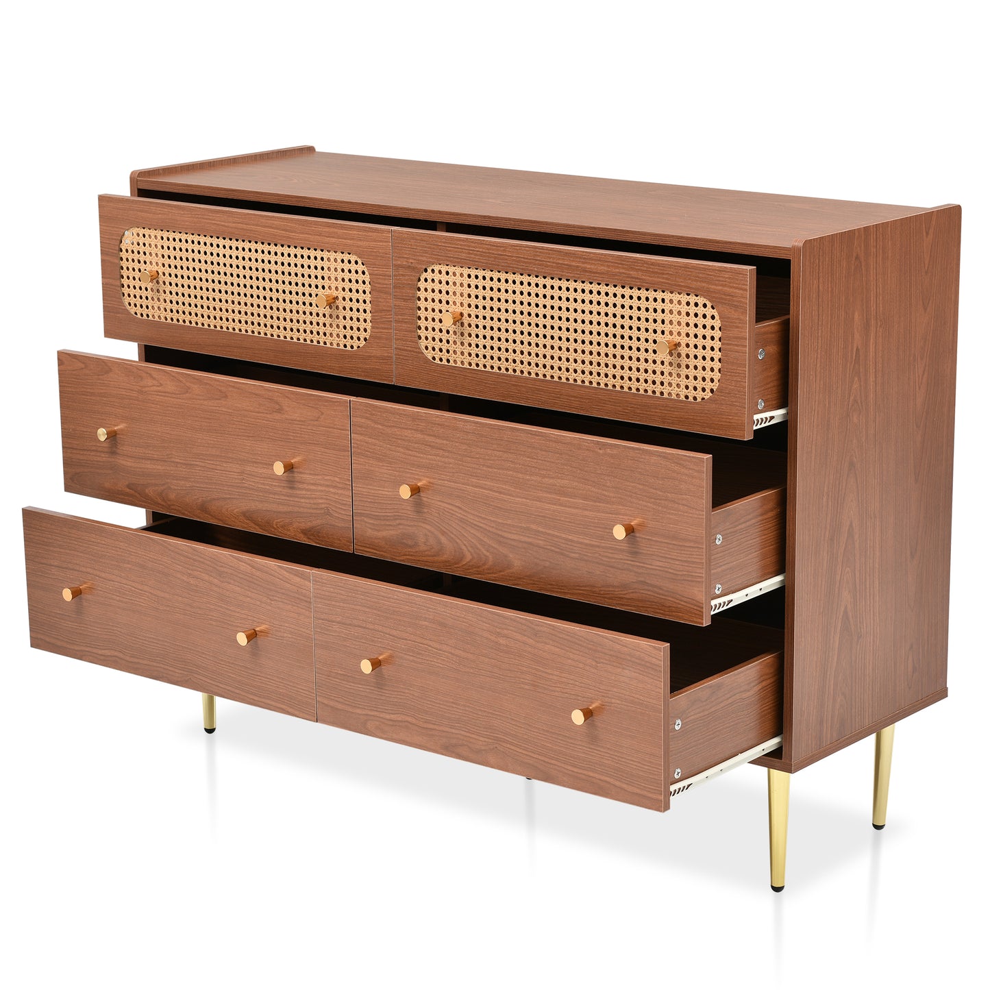 Dresser for Bedroom, Chest of Drawers, 6 Drawer Dresser, Floor Storage Drawer Cabinet for Home Office, Drawer chest of drawers rattan chest of drawers highboard with 6 drawers, walnut -H90/W120/D40 cm