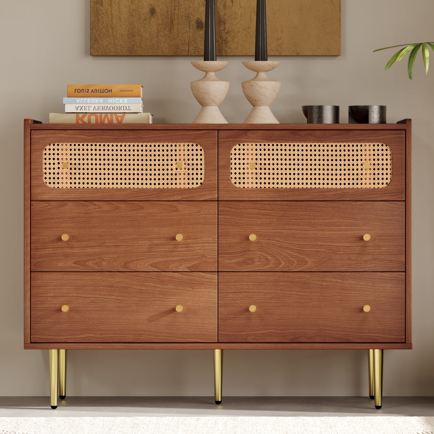 Dresser for Bedroom, Chest of Drawers, 6 Drawer Dresser, Floor Storage Drawer Cabinet for Home Office, Drawer chest of drawers rattan chest of drawers highboard with 6 drawers, walnut -H90/W120/D40 cm