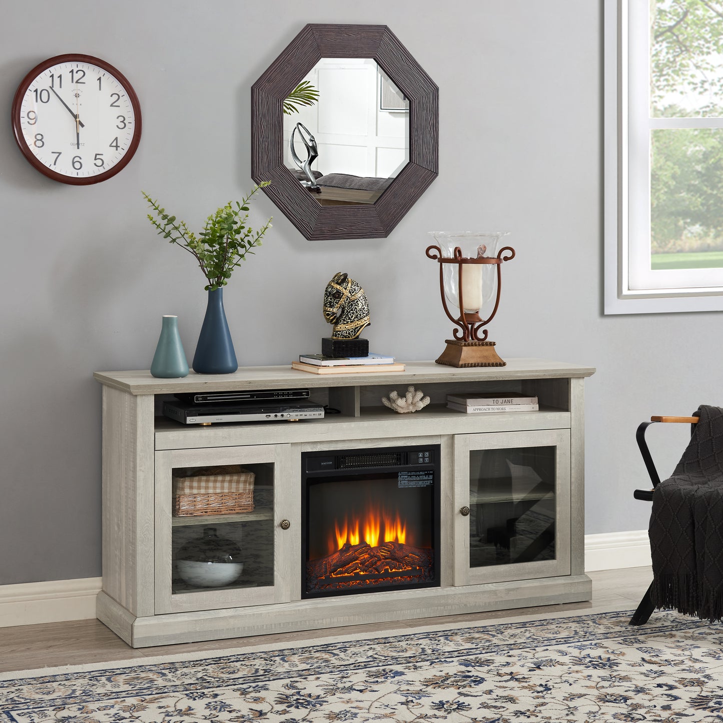 Contemporary TV Media Stand Modern Entertainment Console with 18" Fireplace Insert for TV Up to 65" with Open and Closed Storage Space, Stone Gray, 60"W*15.75"D*29"H