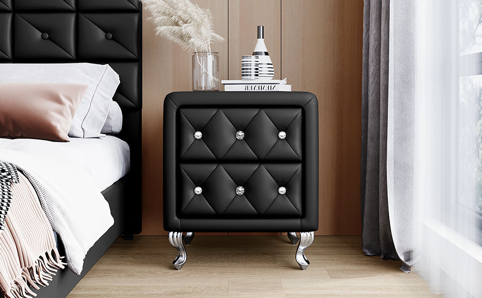 Elegant PU Nightstand with 2 Drawers and Crystal Handle,Fully Assembled Except Legs&Handles,Storage Bedside Table with Metal Legs - Black