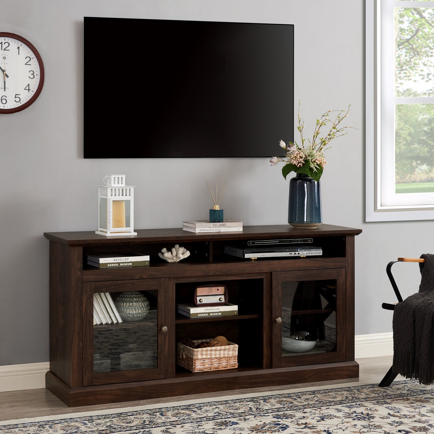 Contemporary TV Media Stand Modern Entertainment Console for TV Up to 65" with Open and Closed Storage Space, Brown, 60"W*15.75"D*29"H