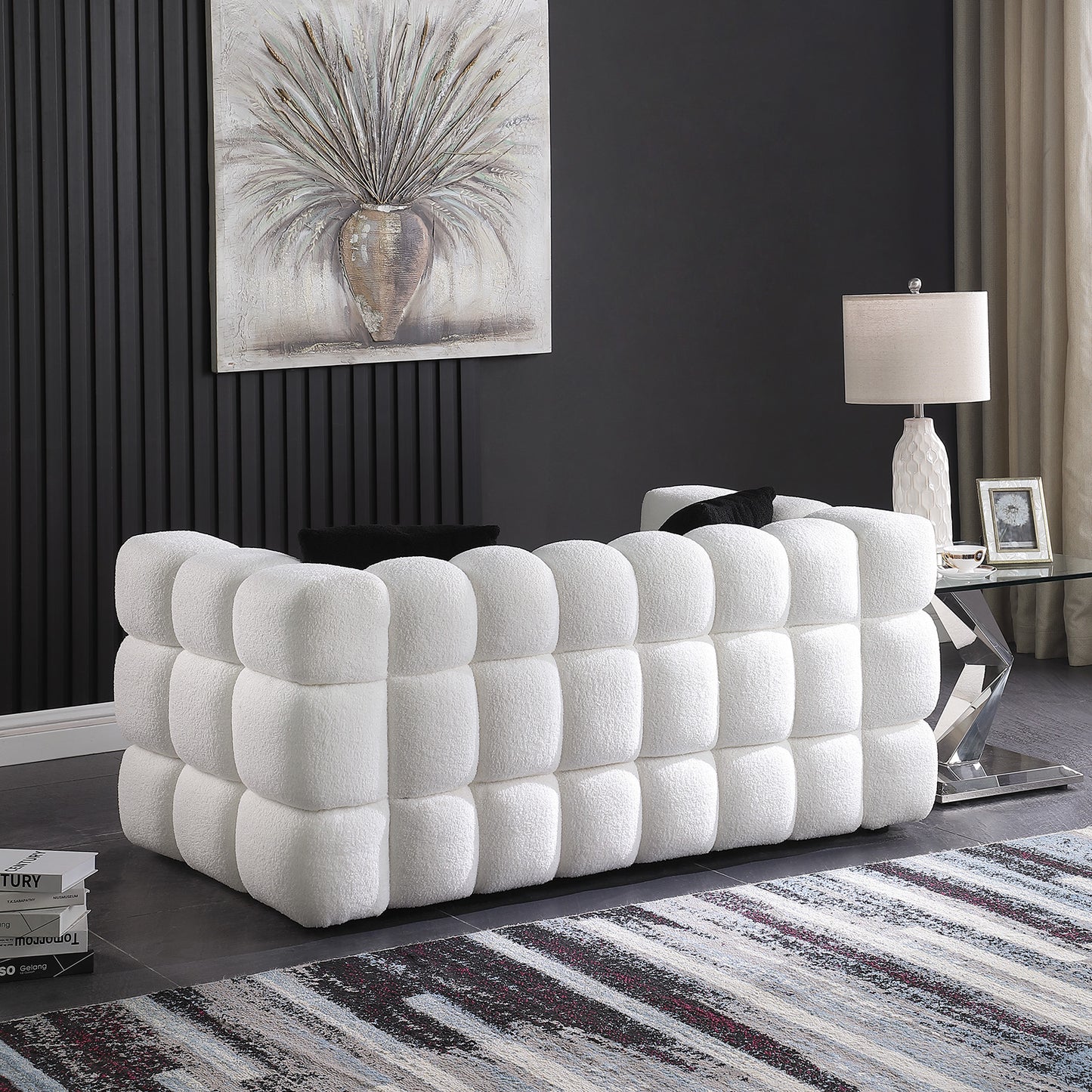 （预计1.01-1.08到货）62.2length ,35.83" deepth ,human body structure for USA people, marshmallow sofa,boucle sofa ,White color,3 seater