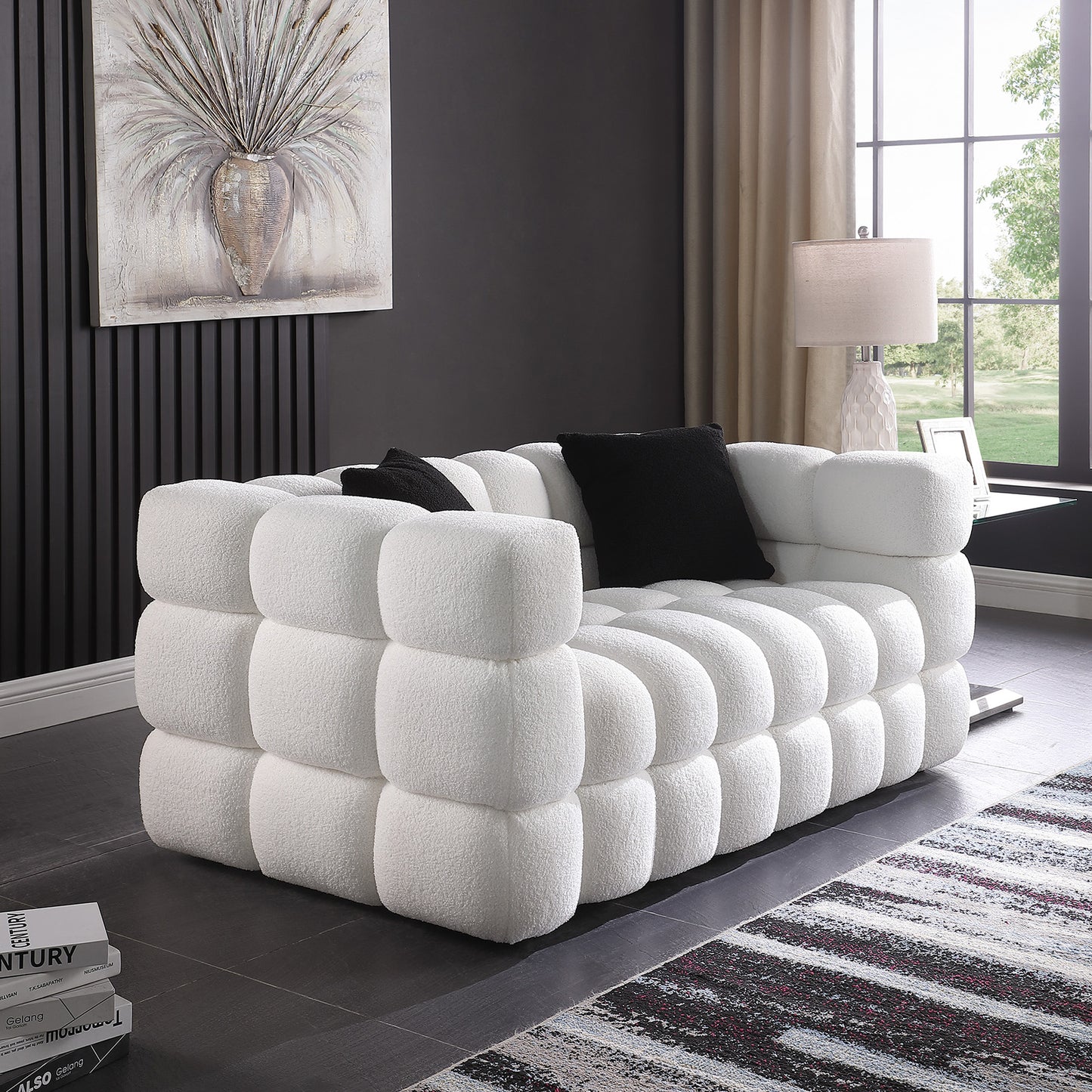 （预计1.01-1.08到货）62.2length ,35.83" deepth ,human body structure for USA people, marshmallow sofa,boucle sofa ,White color,3 seater