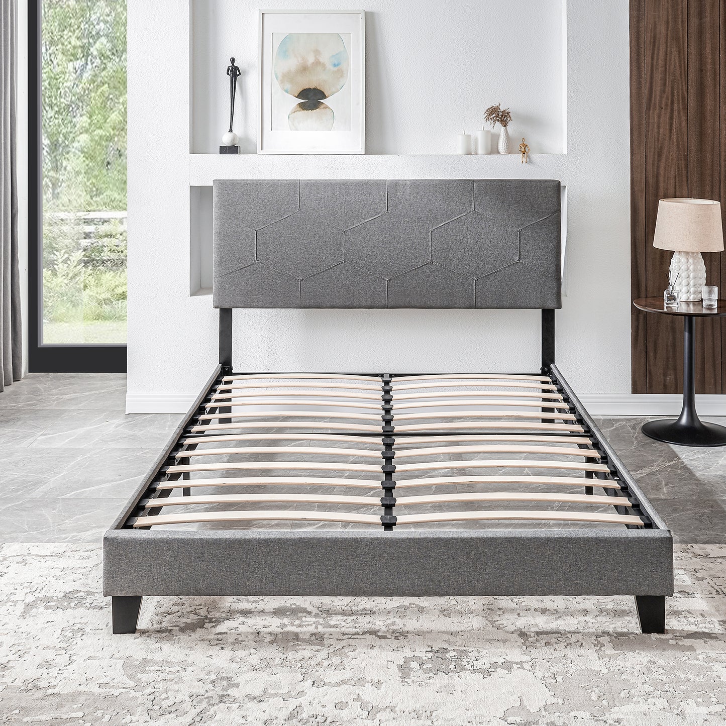 Queen Size Upholstered Platform Bed Frame ,Wood Slat Support, Easy Assembly,Grey