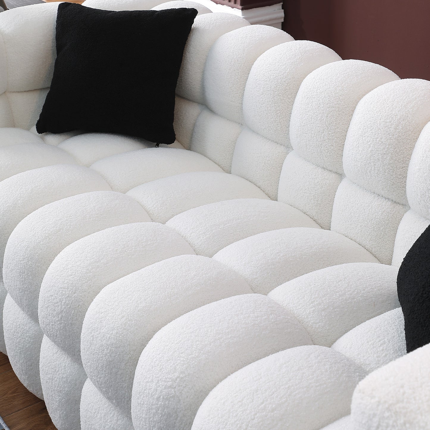 （预计1.01-1.08到货）62.2length ,35.83" deepth ,human body structure for USA people, marshmallow sofa,boucle sofa ,White color,3 seater