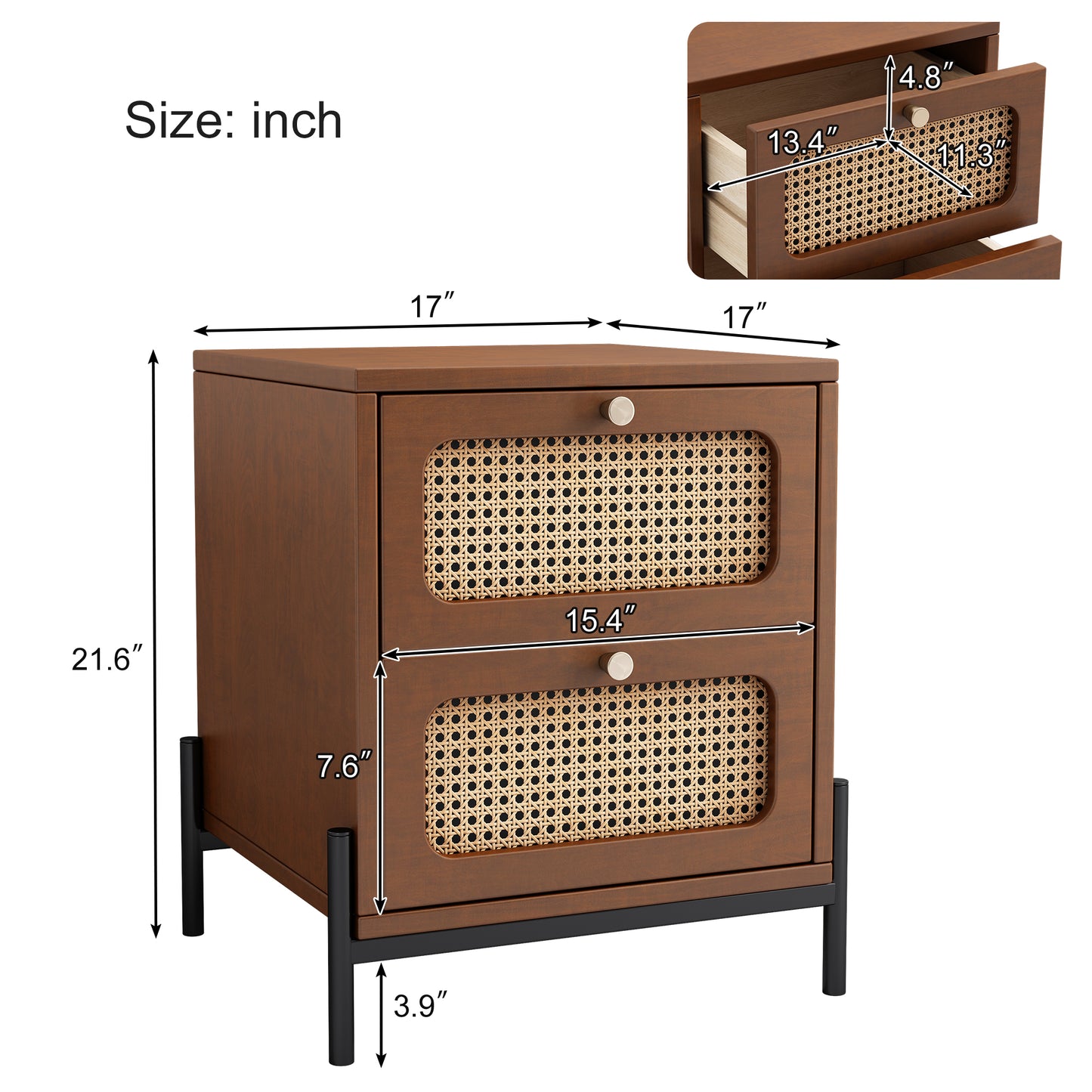 （缺货）Modern Cannage Rattan Wood Closet 2-Drawer Side Table End Table Nightstand for Bedroom, Living Room, Entryway, Hallway, Walnut