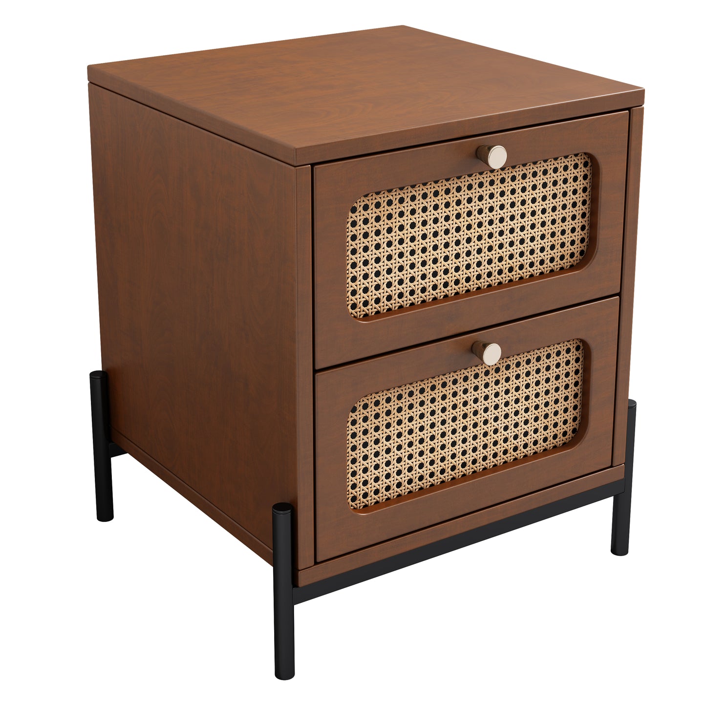 （缺货）Modern Cannage Rattan Wood Closet 2-Drawer Side Table End Table Nightstand for Bedroom, Living Room, Entryway, Hallway, Walnut