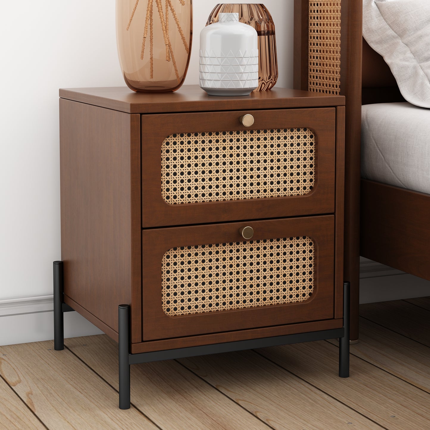 （缺货）Modern Cannage Rattan Wood Closet 2-Drawer Side Table End Table Nightstand for Bedroom, Living Room, Entryway, Hallway, Walnut