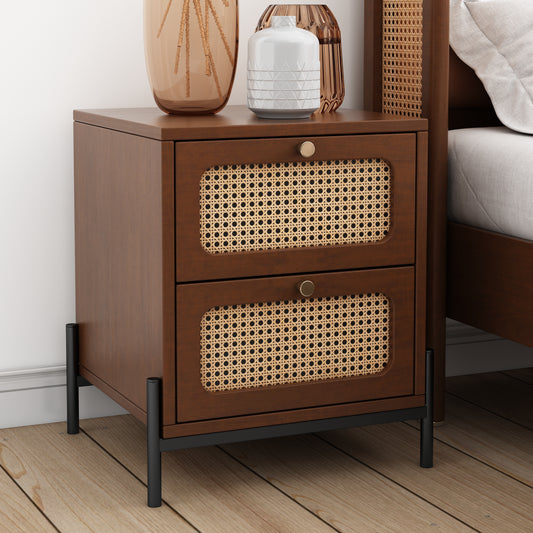 （缺货）Modern Cannage Rattan Wood Closet 2-Drawer Side Table End Table Nightstand for Bedroom, Living Room, Entryway, Hallway, Walnut