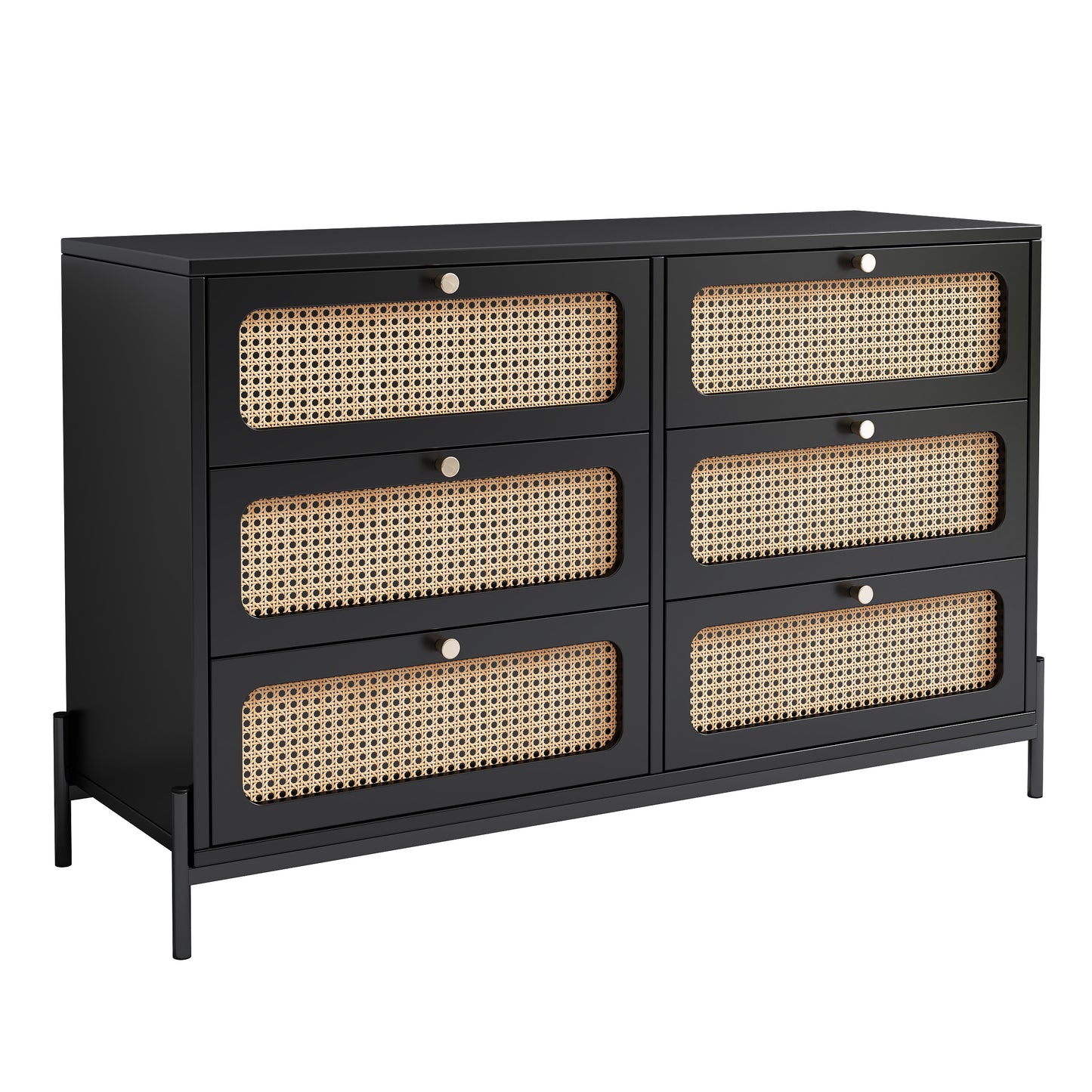 Modern Cannage Rattan Wood Closet 6-Drawer Dresser Wood Storage Cabinet Sideboard for Bedroom, Living Room, Entryway, Hallway, Black (Old SKU:WF303224AAB)