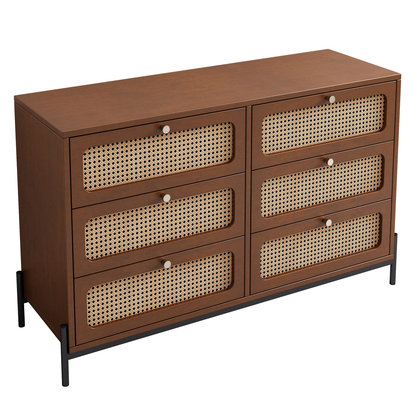 Modern Cannage Rattan Wood Closet 6-Drawer Dresser Wood Storage Cabinet Sideboard for Bedroom, Living Room, Entryway, Hallway, Walnut