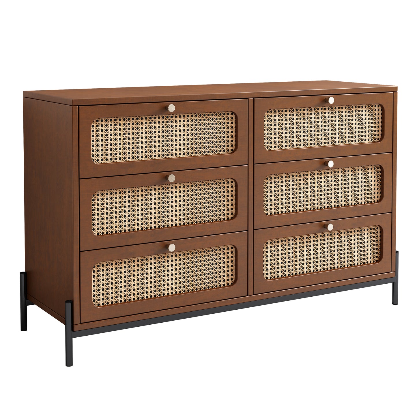 Modern Cannage Rattan Wood Closet 6-Drawer Dresser Wood Storage Cabinet Sideboard for Bedroom, Living Room, Entryway, Hallway, Walnut